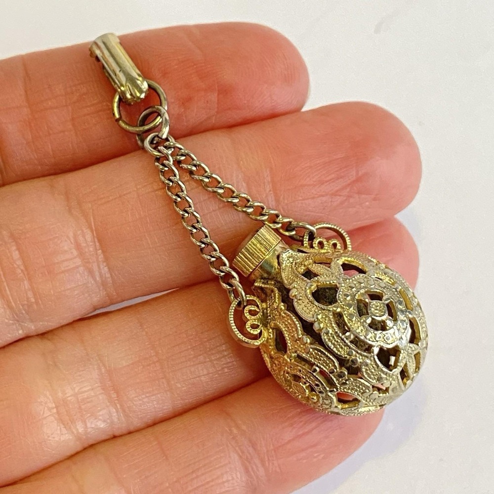 Vintage Gold Tone Filigree Perfume Vial Pendant Mid-Century Victorian Revival